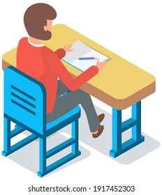 Man office worker sitting at desk back view. Classroom student sitting at table and writing in notebook. Young people preparing for exams at University or school. Person studies gets an education