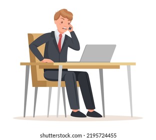 Trabajador de oficina principal sentado en la mesa con la presentación de un portátil mediante la ilustración del vector del teléfono