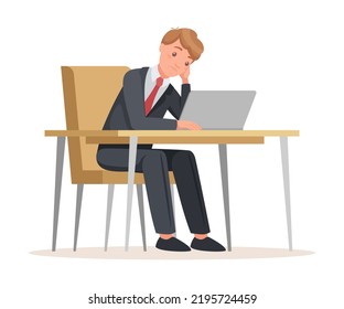 Man Office Worker Sitting at Desk with Laptop Feeling Sadness and Frustration Vector Illustration