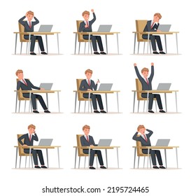 Man Office Worker Sitting at Desk with Laptop Engaged in Workflow Vector Set