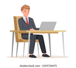 Man Office Worker Sitting at Desk with Laptop Feeling Happy Engaged in Workflow Vector Illustration