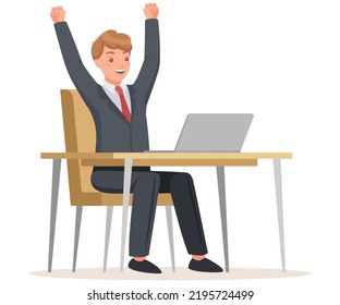 Man Office Worker Sitting at Desk with Laptop Feeling Happy Celebrating Success Vector Illustration