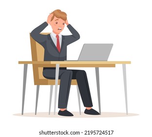 Trabajador de la oficina principal sentado en la mesa con estrés por la sensación de un portátil debido a la ilustración del vector de línea de tiempo