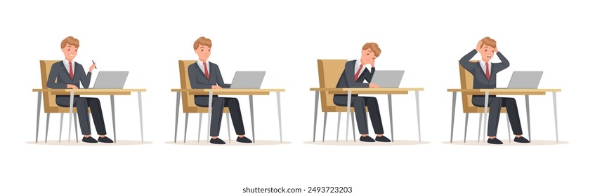 Man Office Worker Sitting at Desk with Laptop Engaged in Workflow Vector Set