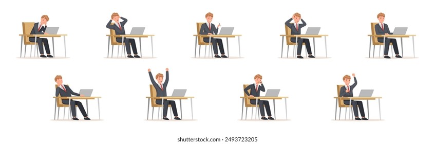 Man Office Worker Sitting at Desk with Laptop Engaged in Workflow Vector Set