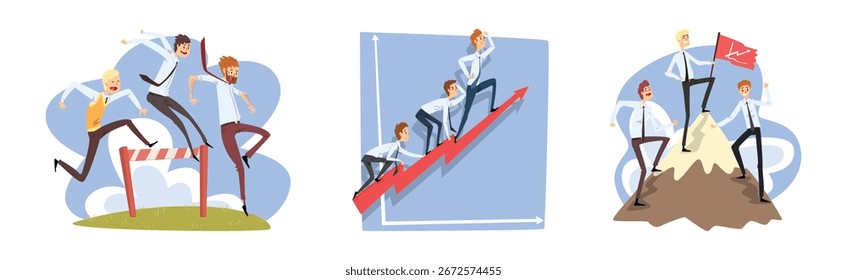 Man Office Workers Compete With Each Other Vector Set