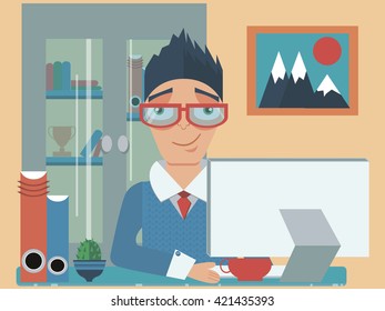 A man in the office. Working environment. Cabinet. Office employee.
Flat vector illustration