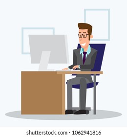 Man in the office working on the computer, Internet and social networking, character, beard, glasses, vector illustration.