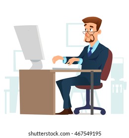 man in the office working on the computer, Internet and social networking, character, beard, glasses, vector illustration