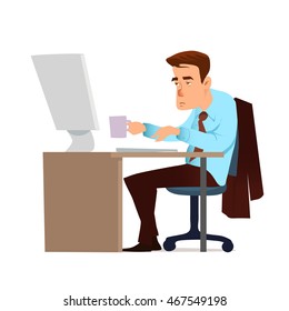 man in the office working on the computer, with cup of coffee, Internet and social networking, character, vector illustration