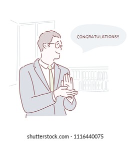 Der Mann im Anzug des Büros klatscht sich und feiert. handgezeichnete Vektordoodle-Designillustrationen.