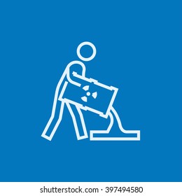 Man with oil barrel line icon.