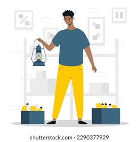 Man with oil lamp concept. Young guy with broken light bulbs stands in dark. Vintage light source, person with lantern. Ancient and antique element. Cartoon flat vector illustration