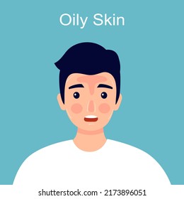 Man with oily skin face in flat design. Skin problem.