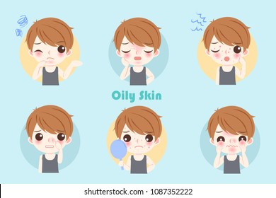 man with oily skin problem on the blue background