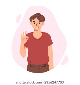 Hombre con el concepto de pose OK. El carácter feliz muestra un gesto de aprobación. Positividad y optimismo. Emociones y sentimientos, buen humor. Afiche o pancarta. Dibujo vectorial plano de dibujos animados