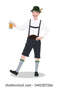 A man in oktoberfest costume holding a glass of beer. Isolated on white background. Vector graphics.