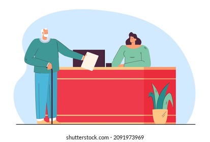 Man of old age stretching paper sheet to woman sitting at table. Person addressing to public institution flat vector illustration. Client servicing concept for banner, website design, landing web page