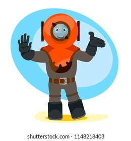Man in an old suit for scuba diving. Illustration in the cartoon style.