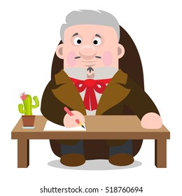 Man in an old suit sitting at the table. Lawyer, a family doctor at work. Cartoon characters.