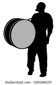 Man in old uniform with big drum on white background