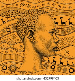 Man on African hand-drawn ethno pattern, tribal background. Beautiful black boy. Profile view. Vector illustration