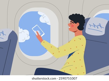 Man on airplane seat using tablet, cartoon style, against window view of sky. Concept of in-flight entertainment. Vector illustration