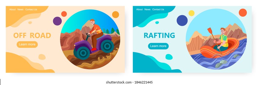 Man on atv drives off road. Extreme sport and adventure vector concept illustration. Man rafting alone on mountain river. Web site design template