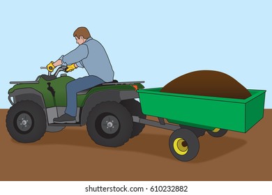 Man on ATV with trailer attached is hauling a load of dirt