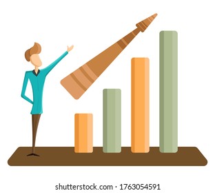 Man on the background of a financial chart with an arrow going up. Points a hand to financial indicators, economic growth, investments, savings, budget planning. Vector flat cartoon illustration. 