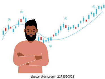 A man on the background of a Forex chart. Conceptual illustration on the topic of strategic planning in trading on the stock exchange. Vector flat illustration