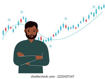A man on the background of a Forex chart. Conceptual illustration on the topic of strategic planning in trading on the stock exchange. Vector flat illustration