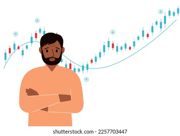 A man on the background of a Forex chart. Conceptual illustration on the topic of strategic planning in trading on the stock exchange. Vector flat illustration