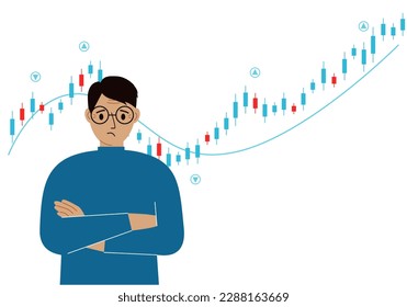 A man on the background of a Forex chart. Conceptual illustration on the topic of strategic planning in trading on the stock exchange. Vector flat illustration