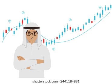 A man on the background of a Forex chart. Conceptual illustration on the topic of strategic planning in trading on the stock exchange. Vector flat illustration