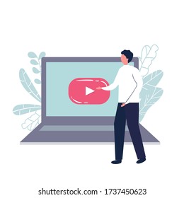 Man on a background of a laptop screen, shows video playback button. man conducts broadcasting online or video training, courses, training, entertainment video. Vector. flat