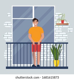 Man on the balcony. Coronavirus concept. Stay at home during the coronavirus epidemic. Cute vector illustration in flat style