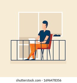 Hombre en el balcón con ordenador portátil, trabajo desde casa, freelance, virus, autoaislamiento. Ilustración vectorial de estilo plano.