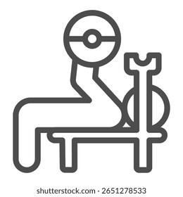 Homem no ícone da linha do banco de barbell, conceito de construção do corpo. Gráficos vetoriais. Homem atleta no exercício de barbell, sinal de treinamento esportivo no fundo branco, ícone de estilo de contorno para design móvel ou web