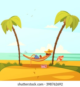 Man On The Beach Background With Hammock Hat Radio And Palms Cartoon Vector Illustration  