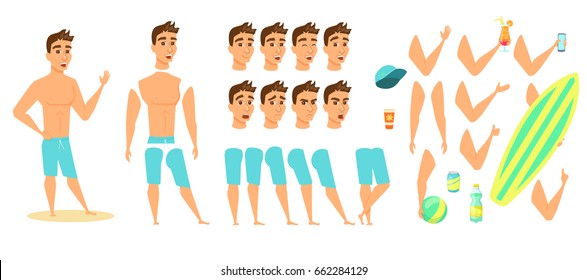 Man on beach character animation, creation set. Guy in shorts with phone, surfboard, ball, sunscreen, cocktail, water bottle. Parts of body for design you scene. Cartoon faces, emotions, expressions.