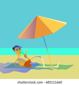 Man on the beach with a cocktail. Vector illustration.