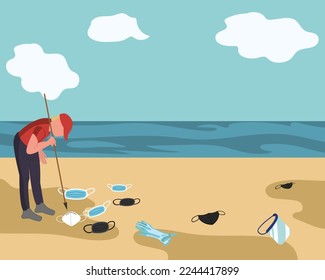 Man on the beach collecting garbage produced by covid 19, mask gloves and plastic mask	