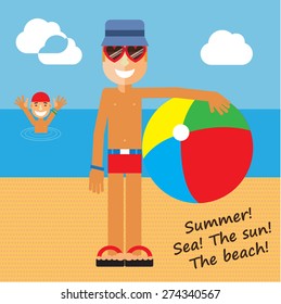 the man on the beach with colorful ball