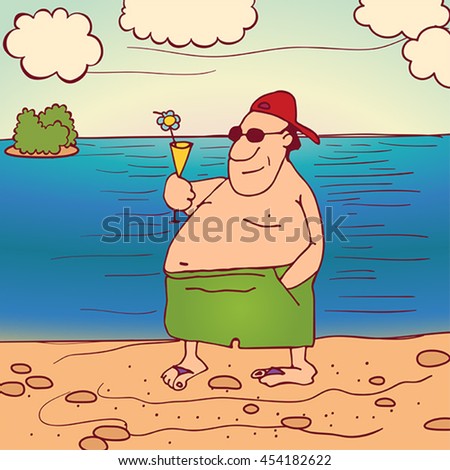The man on the beach, drinking a cocktail.