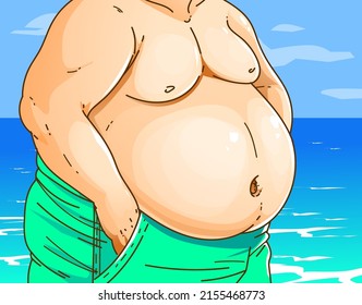 A man on the beach. Extra pounds problems. Overweight problems. Belly fat. Healthcare Illustration. Vector illustration. 