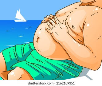 A man on the beach. Extra pounds problems. Overweight problems. Belly fat. Healthcare Illustration. Vector illustration. 