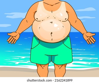 Un hombre en la playa. Problemas de libras extra. Problemas de sobrepeso. Grasa de barriga. Tan. Ilustración de salud. Ilustración vectorial. 