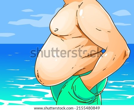A man on the beach. Extra pounds problems. Overweight problems. Belly fat. Healthcare Illustration. Vector illustration. 