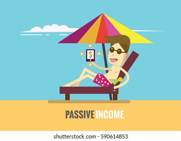 Man on the beach and income money showing in smartphone . Passive income concept. flat design elements. vector illustration